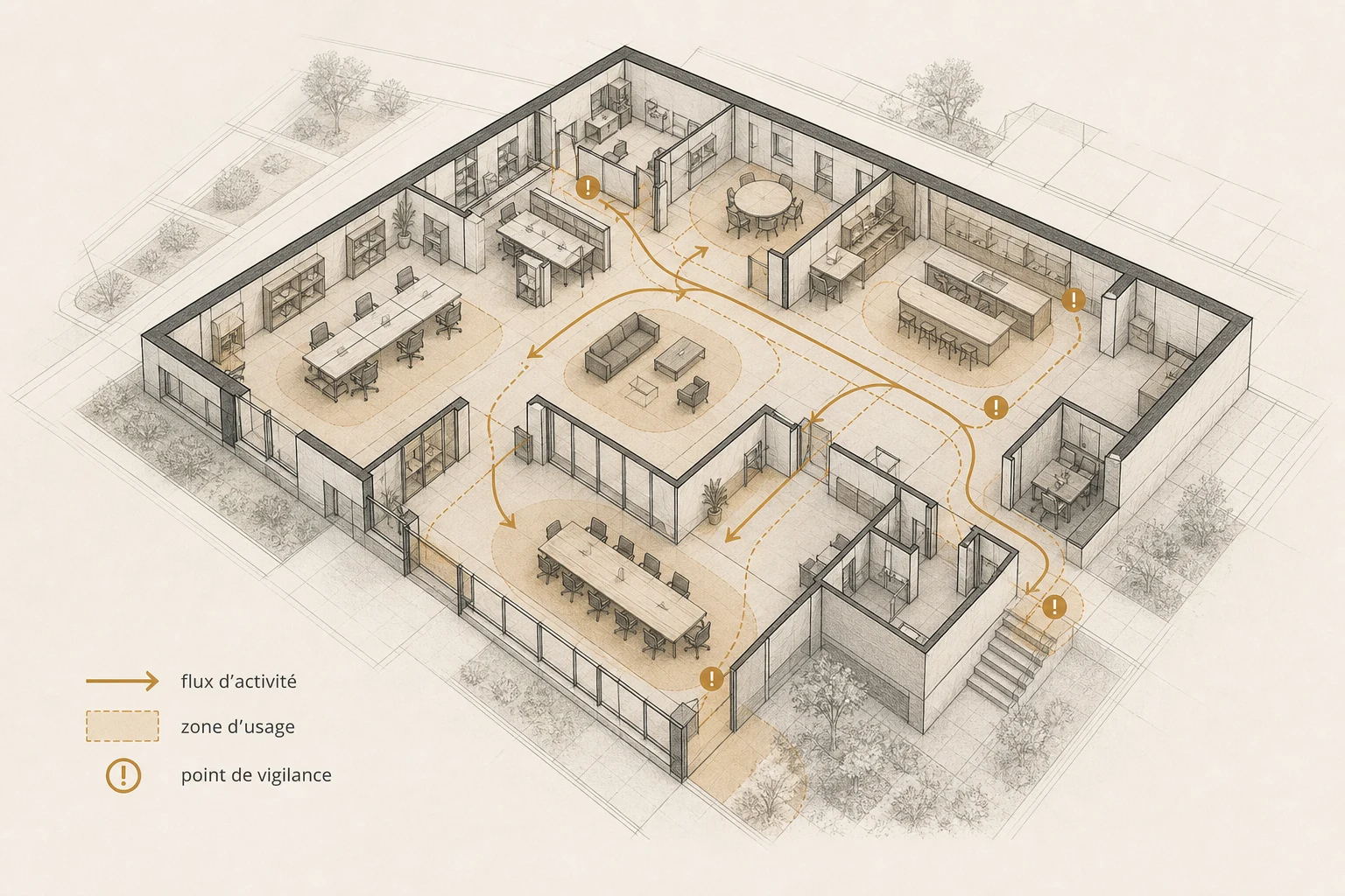 Plan axonométrique d’espaces de travail avec légende des flux d’activité, zones d’usage et points de vigilance.